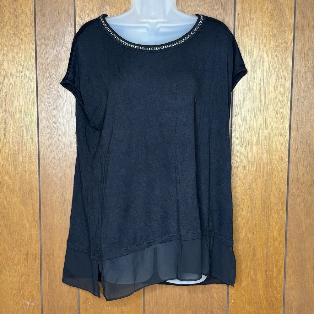 Rose + Olive Tunic Top XL Black Embellished Neckline Sheer Hem Y2K Whimsigoth